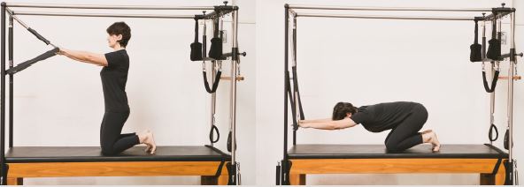 mulher realizando exercício cat no cadillac de pilates