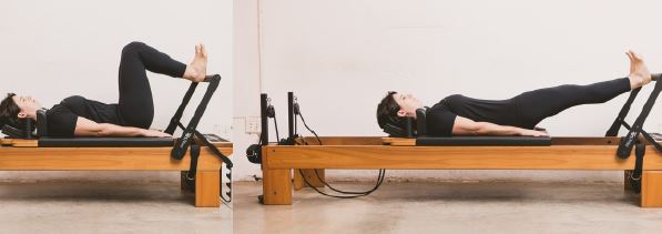 mulher realizando exercício footwork no reformer de pilates