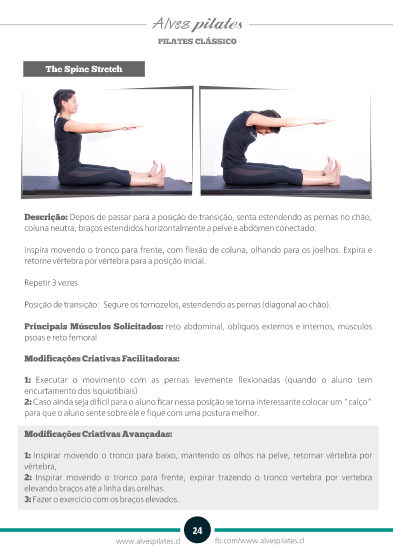 Foto de página do manual de formação em pilates da Alves Pilates com exercício spine stretch