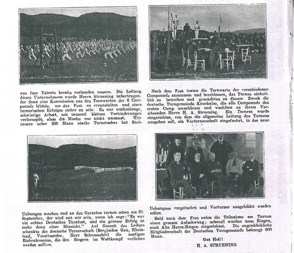 Foto de jornal de exercícios de ginástica alemâ no campo de detenção de Knocklaoe que mostra a influência alemã nas aulas de pilates